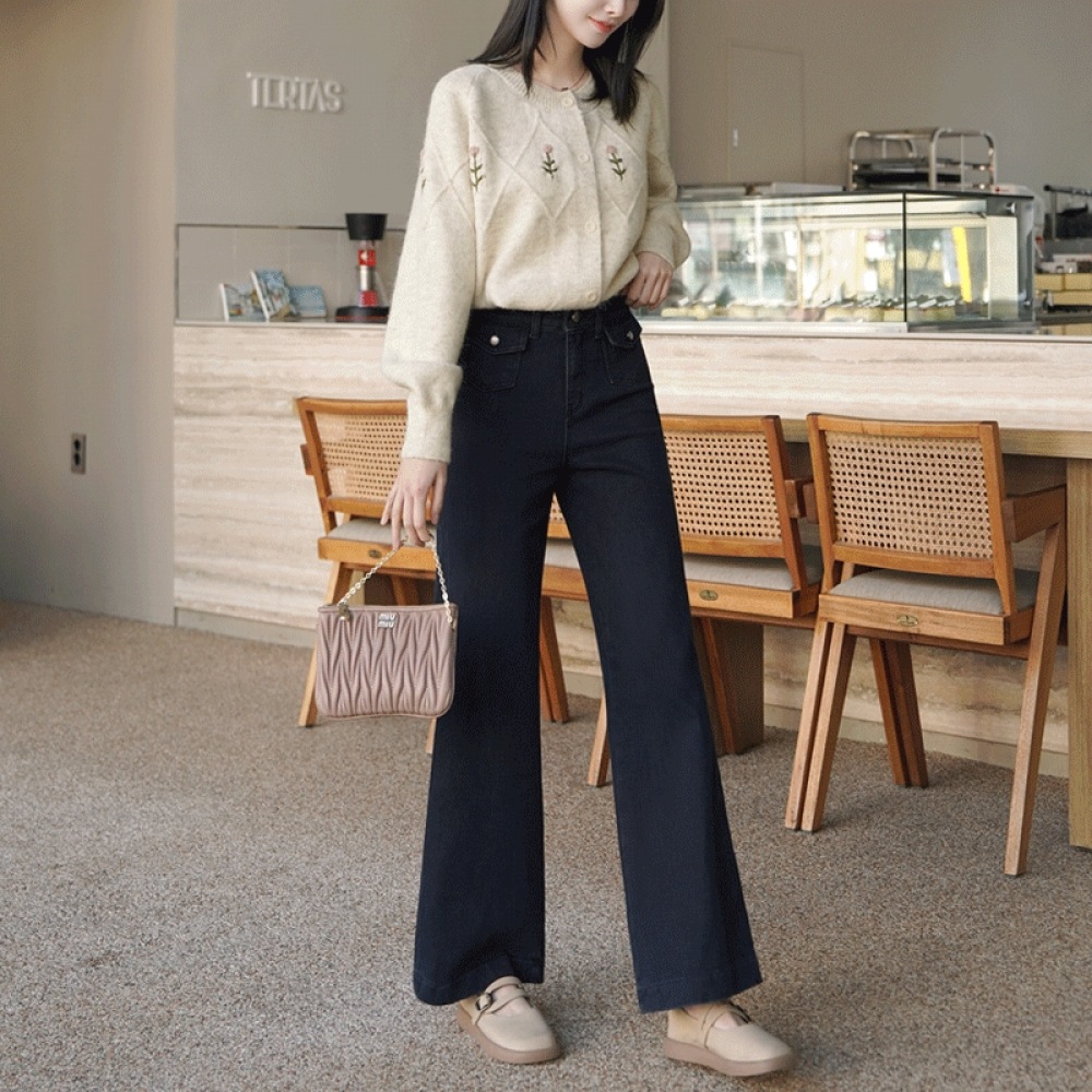 クリック&ファニー [起毛] ヒップポケットワイドデニムパンツ [SMLXL]