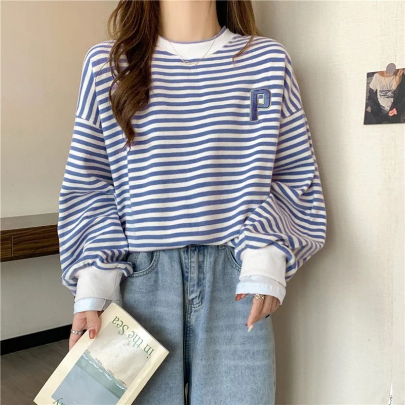 レディース 長袖 ストライプ スウェットシャツ 薄手 韓国風 ゆったり フィット リラックススタイル ユニークで万能なデザイン 学生トップス