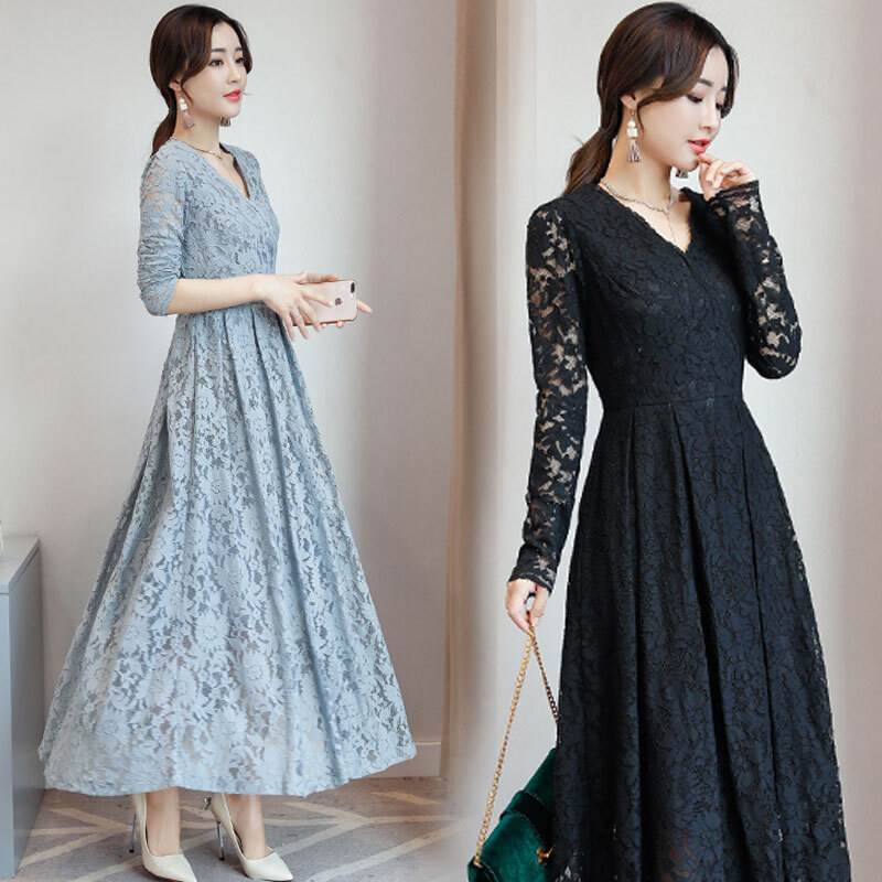 Vネック総レースワンピース ワンピース フレアワンピース ワンピドレス ロング ロング丈 袖あり 長袖 Vネック フレア Aライン レース 透け感 シースルー ポリエステル かわいい 大人可愛い