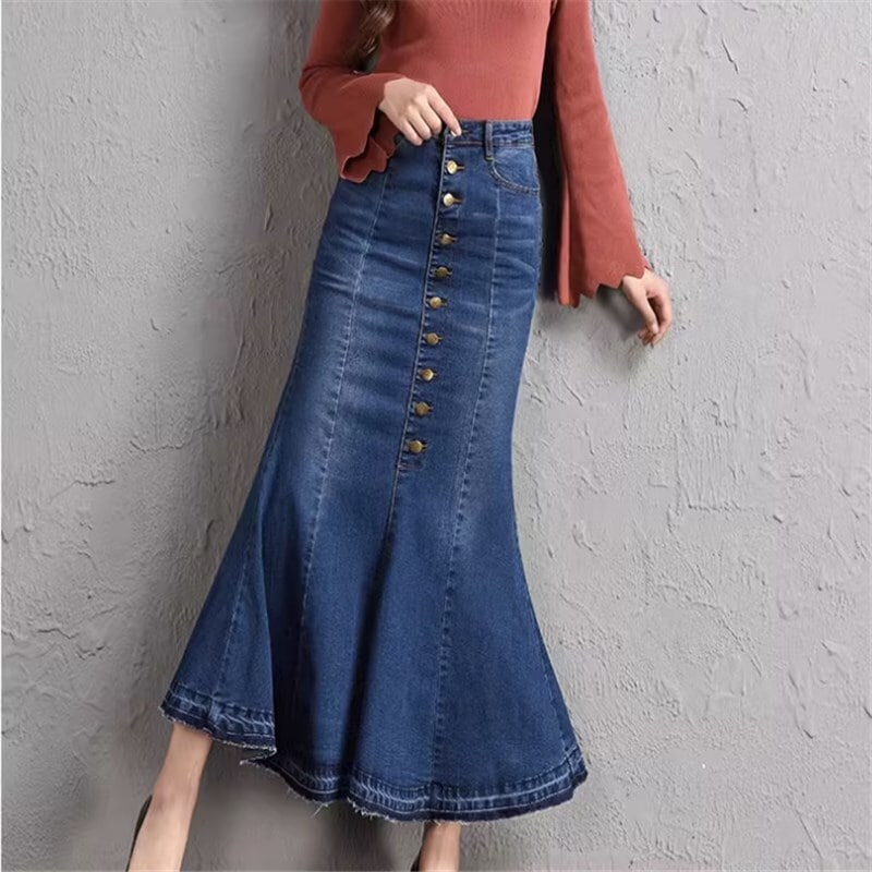 スカート ミモレ丈スカート ミモレ ミモレ丈 マーメイド ハイウエスト デニム おしゃれ お洒落 かっこいい レトロ 大人女子 こなれ感 主役級 無地 春 夏 秋 冬 オールシーズン 20代 30代