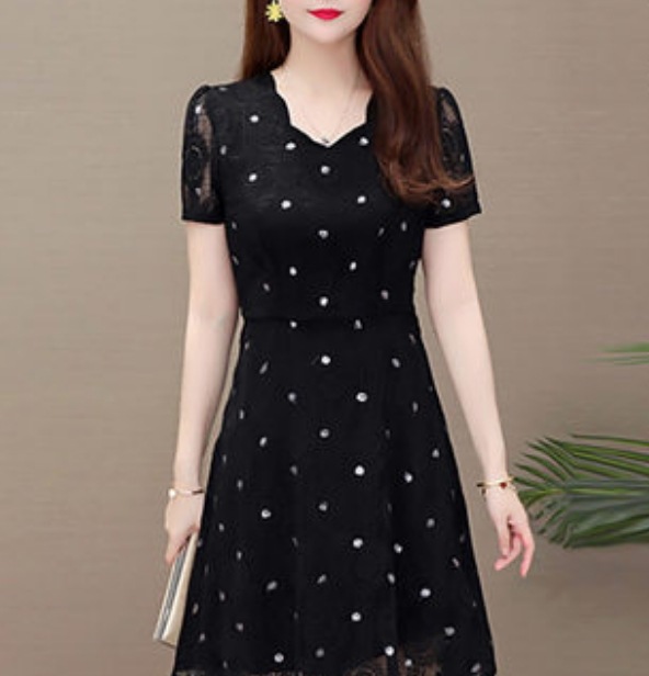 ワンピース ドレス レディース ショート 半袖 レース かわいい 大人可愛い きれいめ 大人 上品 おしゃれ ガーリー フェミニン メンズライク ドット 水玉 夏 デート お出かけ イベント ブラック
