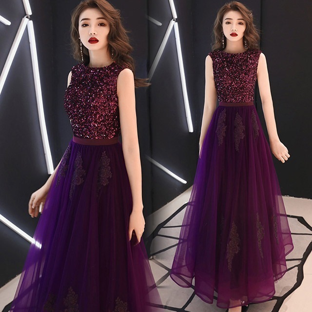 【TIME HOLDER】パープル イブニングドレス スパンコール ドレス キラキラドレス 演奏会 発表会ドレス ノースリーブ ロング丈 パーティードレス キレイめ ロングドレス 結婚式ドレス 二次会