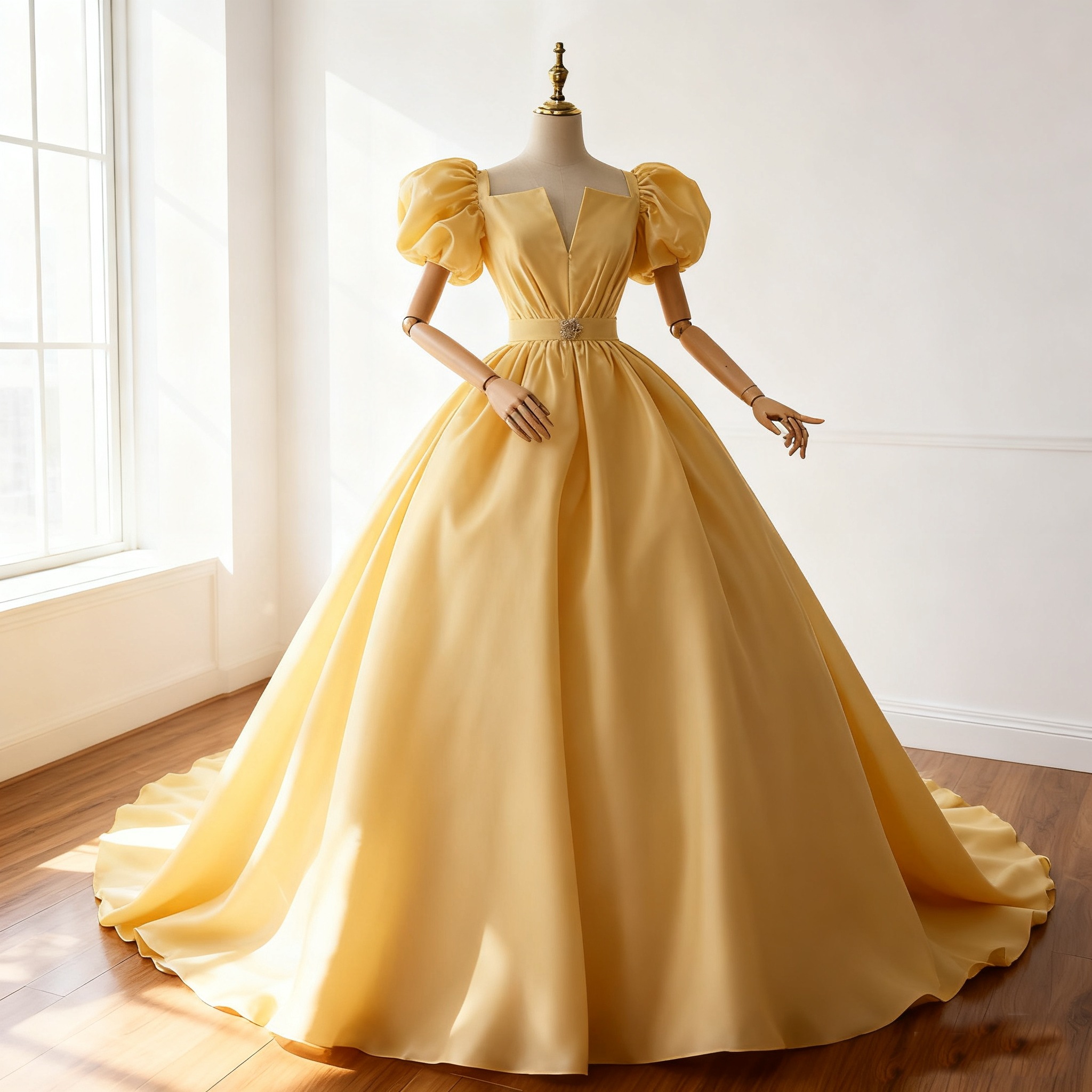 カラードレス パステルイエロー 姫袖 Vネックドレス 光沢サテン 華やかなトレーン 結婚式