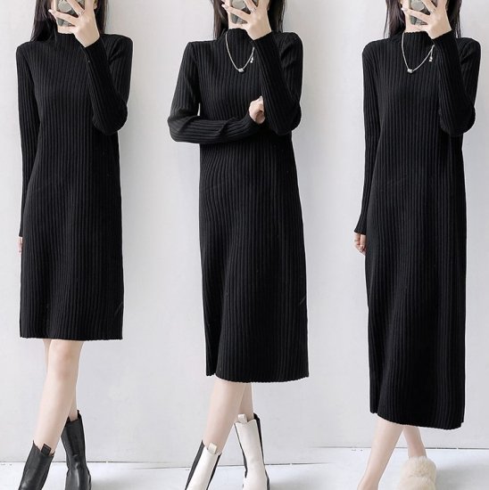 【取寄：納期2週間】ニットワンピース ハイネック 選べる丈 ミニ丈 ミディアム丈 ミモレ丈 ロング丈 ボトルネック シンプル ニット リブニット ひざ丈 ひざ下 レディース きれいめ カジュアル