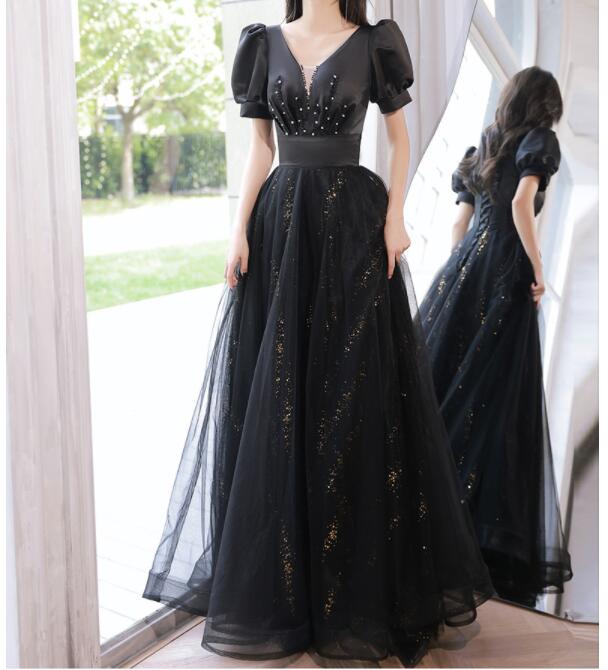 パーティードレス　黒　花嫁　発表会　二次会　演出　結婚式　半袖　ウェディング　披露宴　ロングドレス