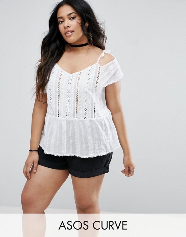 ASOS エイソス レディース 大きめサイズ ゆったりサイズ 送料無料 White CURVE Broderie Trim Cold Shoulder Top with Tassels