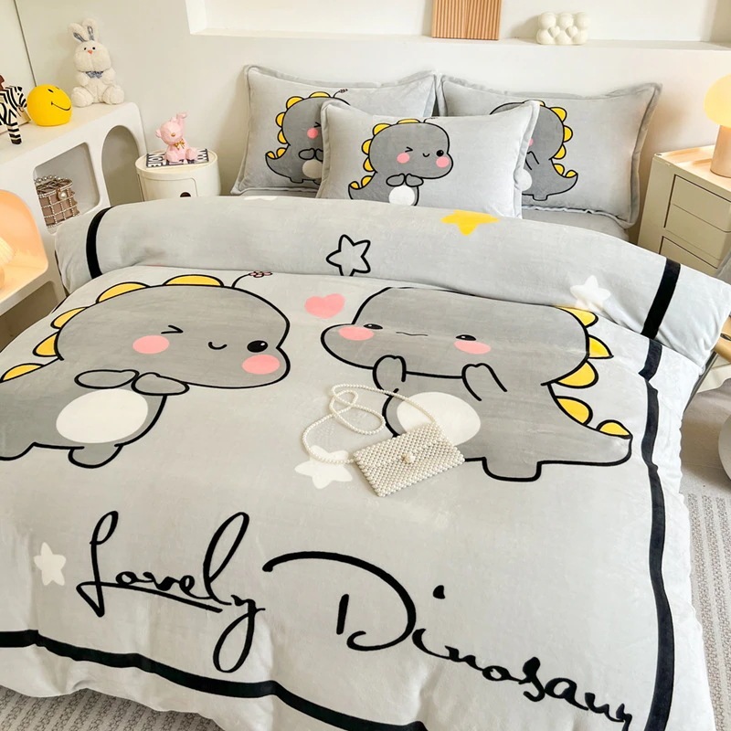 布団布団セット厚手の漫画コーラルフリースベッド4ピースミルクフランネルベッドシーツ両面プラッシュキルトカバー3点セット