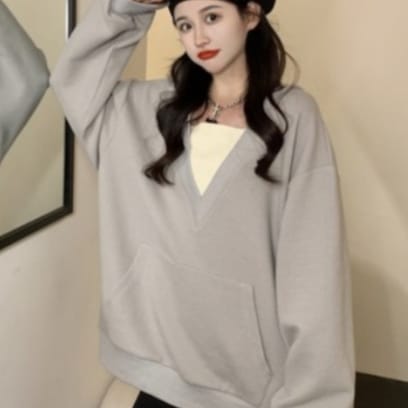 ビッグサイズカジュアルパーカー トップス パーカー フーディー ロング丈 長袖 ラウンドネック