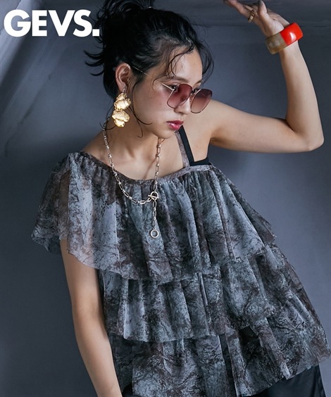 キャミソールタンクトップ 大きいサイズ チュールワンショル風キャミソールトップス GEVS.