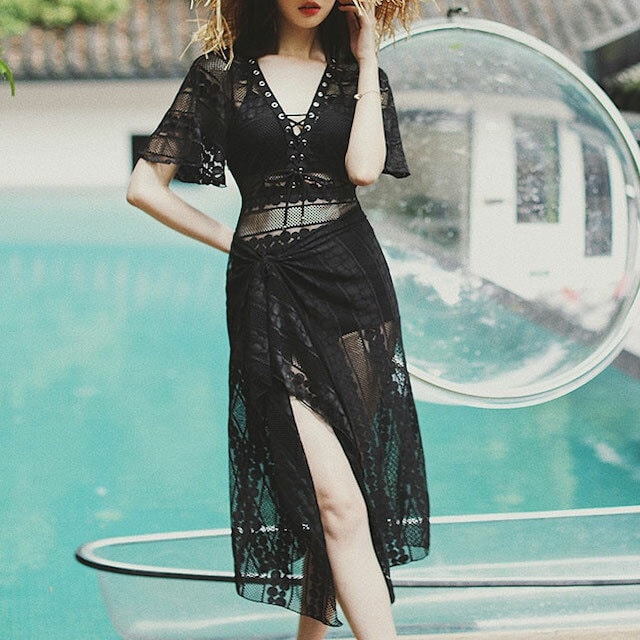 水着 ワンピース 体型カバー レディース 大きいサイズ 袖あり レース シースルー 黒 パレオ付 リゾート 海