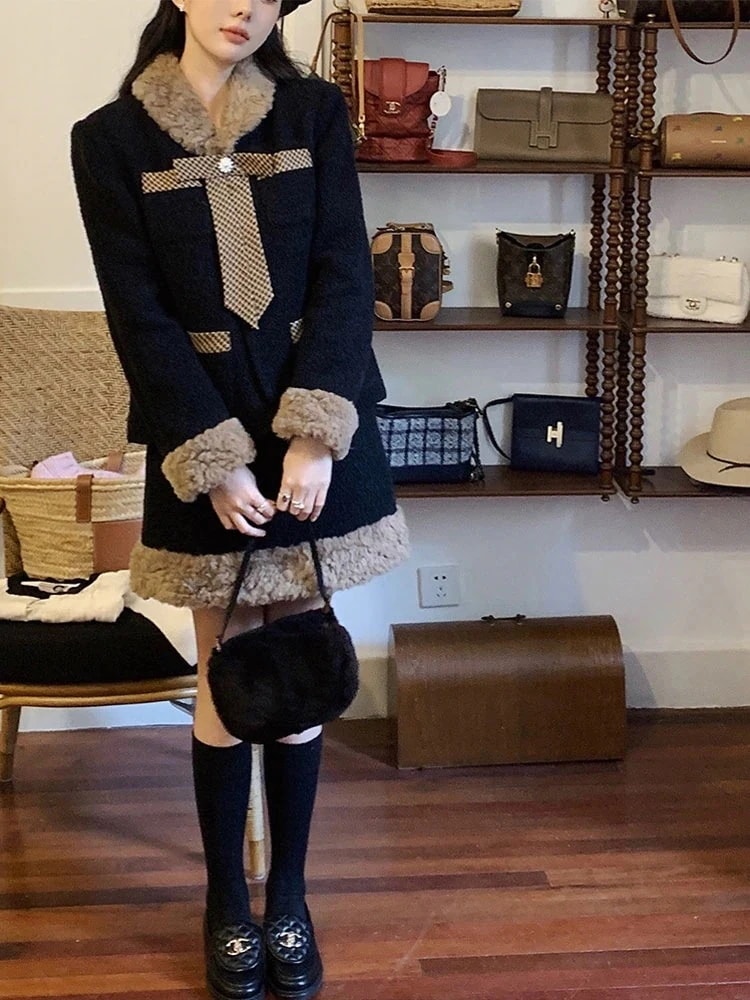 【2枚購入で200円 OFF！急速出荷】女性用秋冬ショートラムウールコート着痩せヒップハグハーフスカートツーピーススーツ