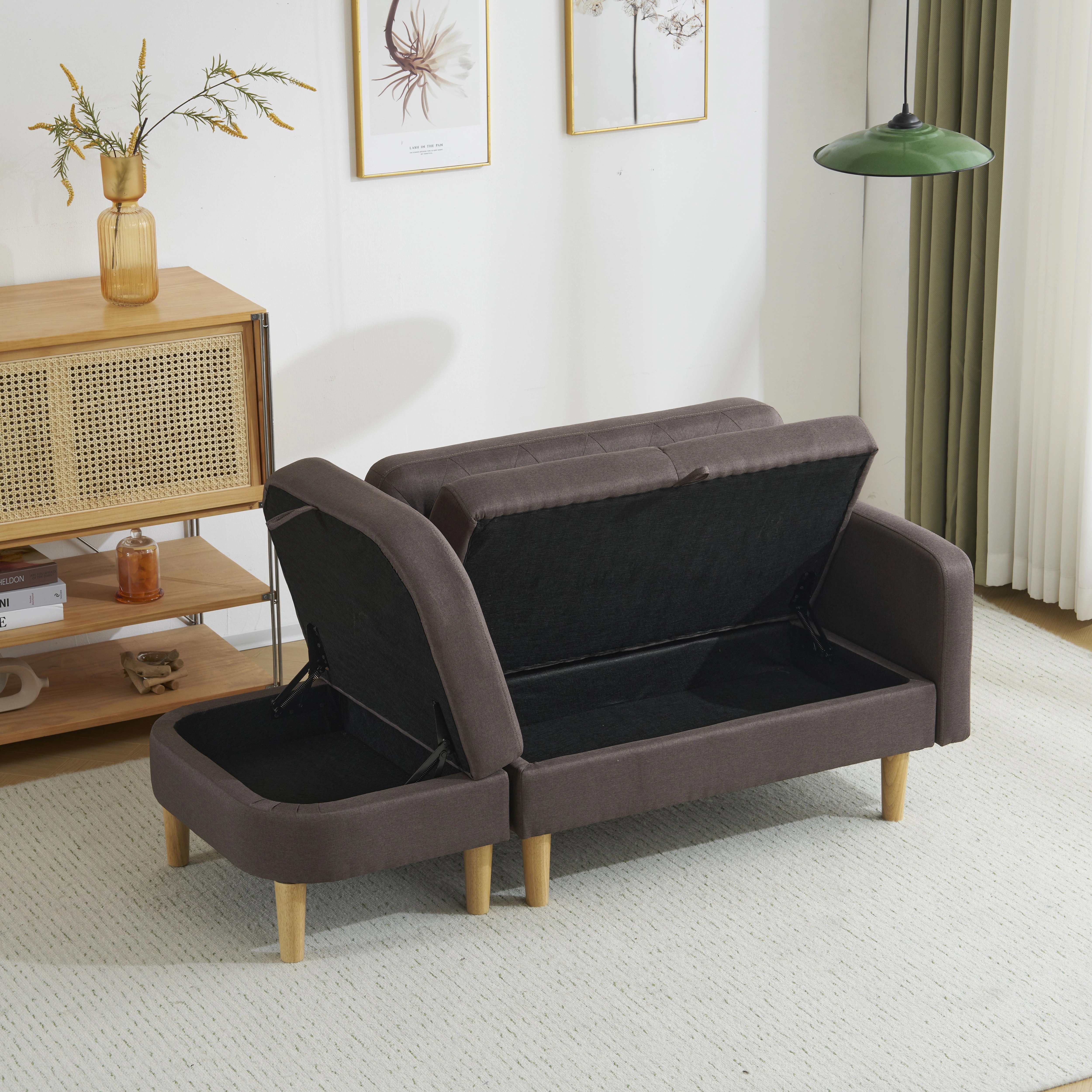 【大好評！最安値挑戦!】ソファ 2-3人掛け カウチソファ 収納機能 左右に使える片肘 オットマン レイアウト ローソファ コーナーソファー l字ソファーGG6805 Brown FabricG8