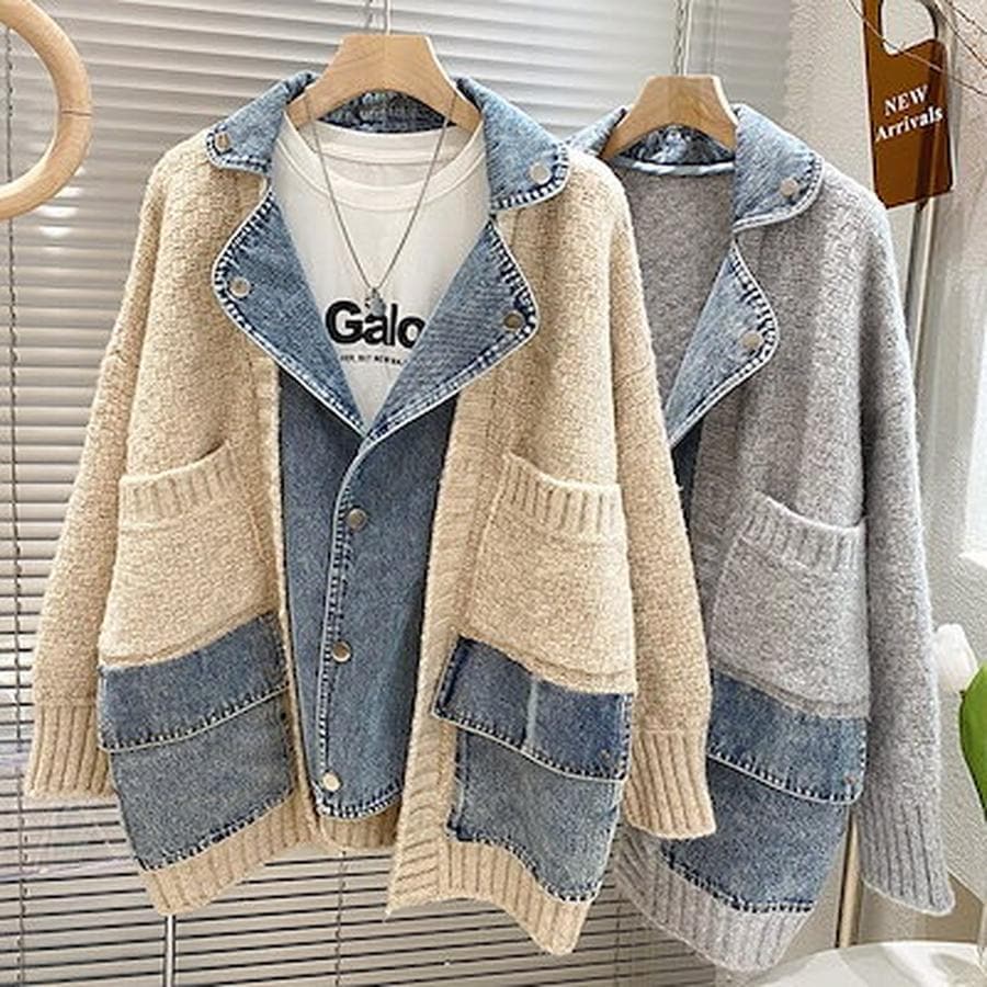 【即纳】秋服 コート デニム切り替えニットアウターレディース