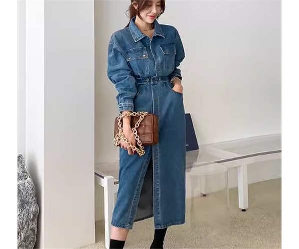 レディース ワンピース シャツワンピ デニム デニムワンピース ミモレ ロング 長袖 襟付き ポロカラー ウエストマーク スリット ポケット ハイウエスト 大人可愛い きれいめ シンプル カジュアル