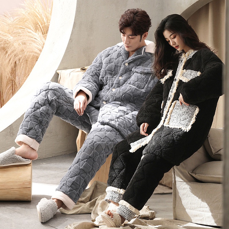 カップルパジャマレディース 冬サンゴベルベット厚手三層綿パジャマ保温ルームウェア男性大サイズ寝間着部屋着