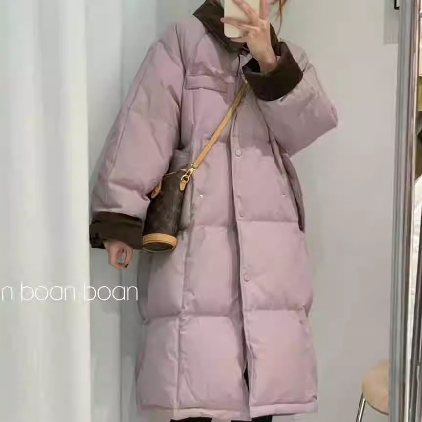 コーデュロイスプライスラペルダウンジャケットレディースミドル丈韓国風ゆったり厚手2024冬新作膝上ジャケット