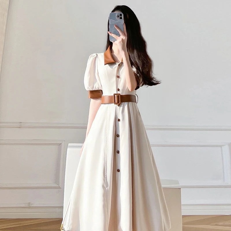 ワンピース レディース 夏 シャツワンピース フレア 半袖 無地 膝丈 シフォン ハイウエスト ドレス 韓国風 オシャレ 通勤 大人 上品 着痩せ-185