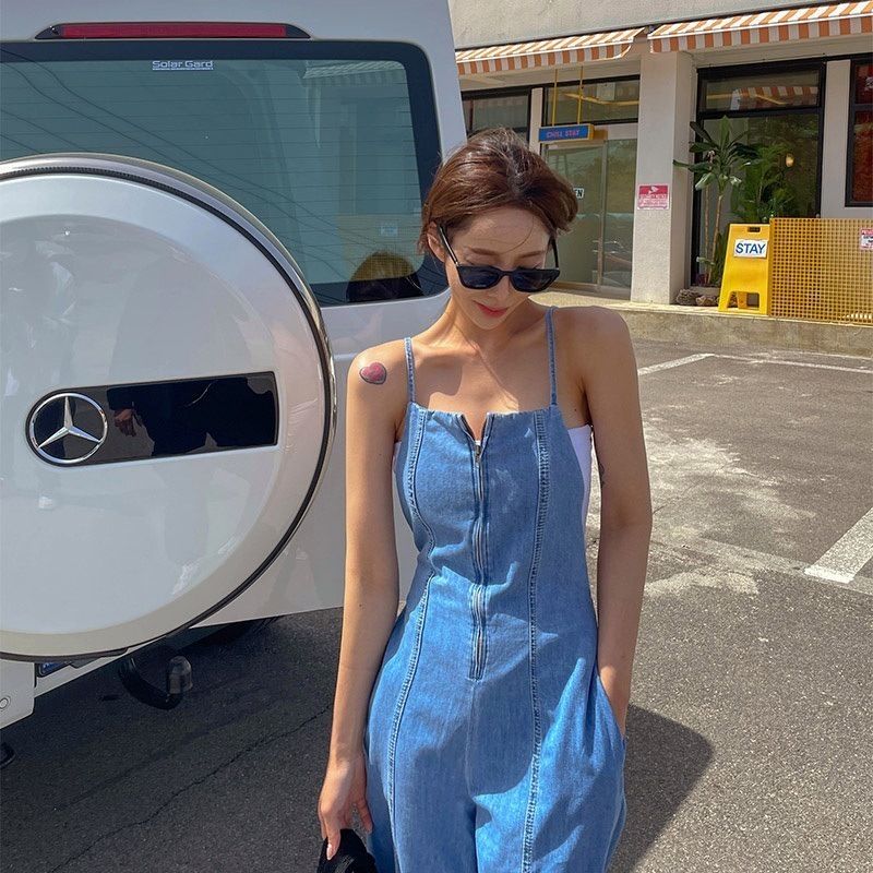 デニムサロペット バックコンシャス ジップアップ ジャンプスーツ 肩紐 春 夏 きれいめ オールインワン アンクル丈 Vネック スリム 細身 ストレート ウエストマーク ハイウエスト ブルー 青 S