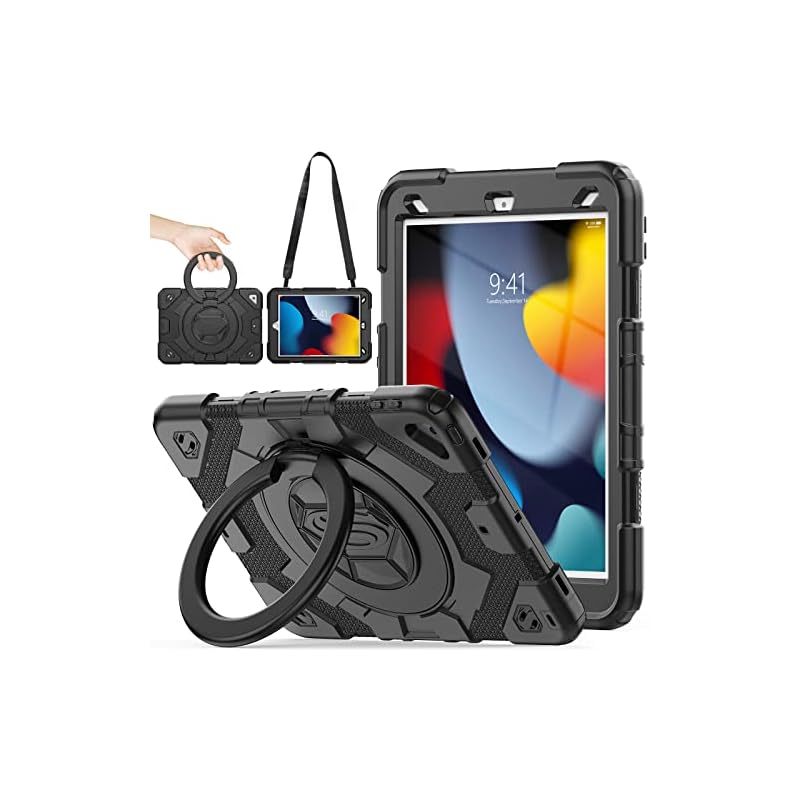 SEYMAC stock iPadケース 第9/8/7世代 リングハンドル耐衝撃ケース 10.2インチ専用 ペン収納 ショルダーストラップ フィルム付きフレーム（ブラック+ブラック）（適格請求書発行事 5,285円