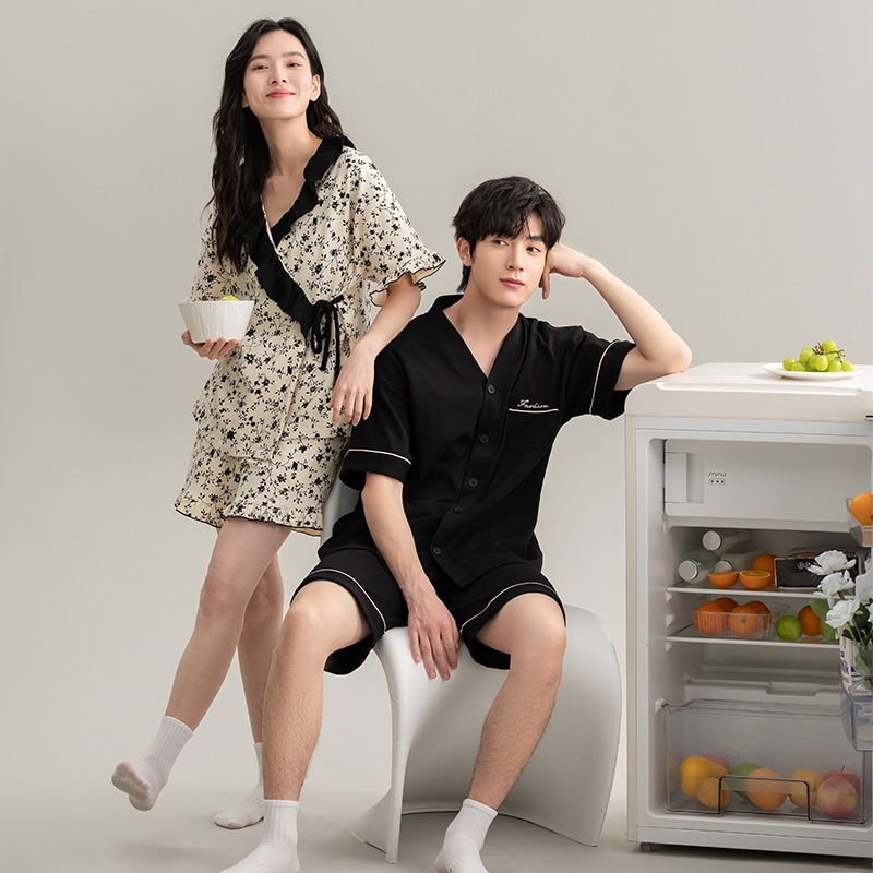 カップルパジャマ夏純綿半袖着物スーツ男女レースアップ夏新作カジュアルホームウェア綿