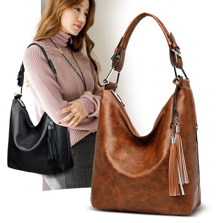 ソフトレザー冬新作レディースバッグタッセルバッグおしゃれ万能タッセルファスナーショルダーハンドバッグ