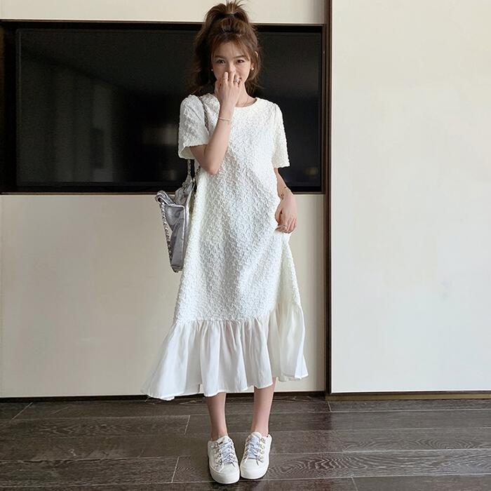 女の子ワン ワンピ ドレス ジャガード 袖あり レディース エレ きれいめ カジュアル 半袖 大人 可愛い フェミニン ミモレ丈 切り替え フレア ティアード シンプル ゆったり ホワイト 白2025