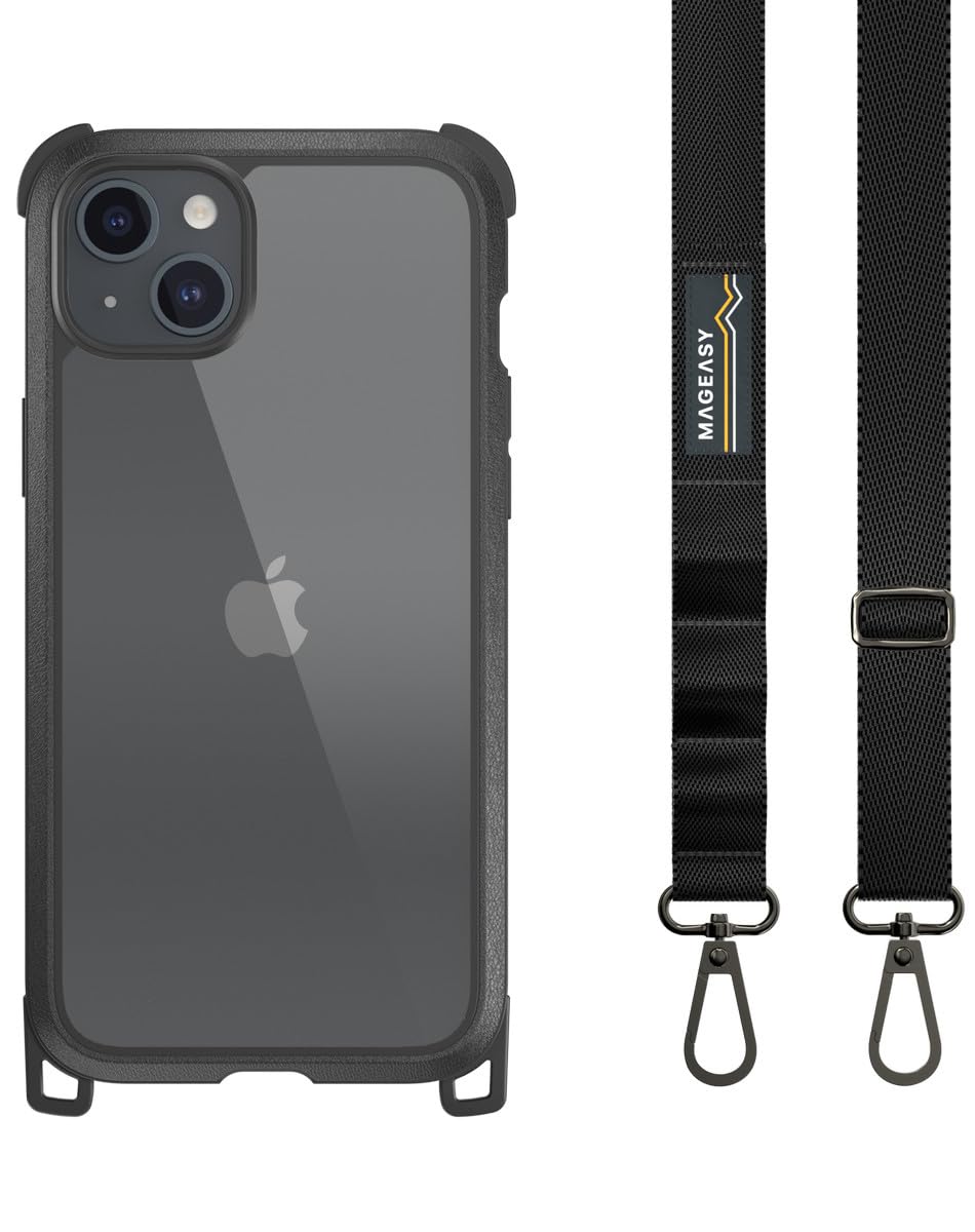 【MagEasy】iPhone15Plus 対応 斜めがけ 首掛け 肩掛け スマホショルダー ストラップ 付/耐衝撃 米軍 MIL規格 クリア 耐衝撃ケース スマホストラップ 未使用時 2way スマ