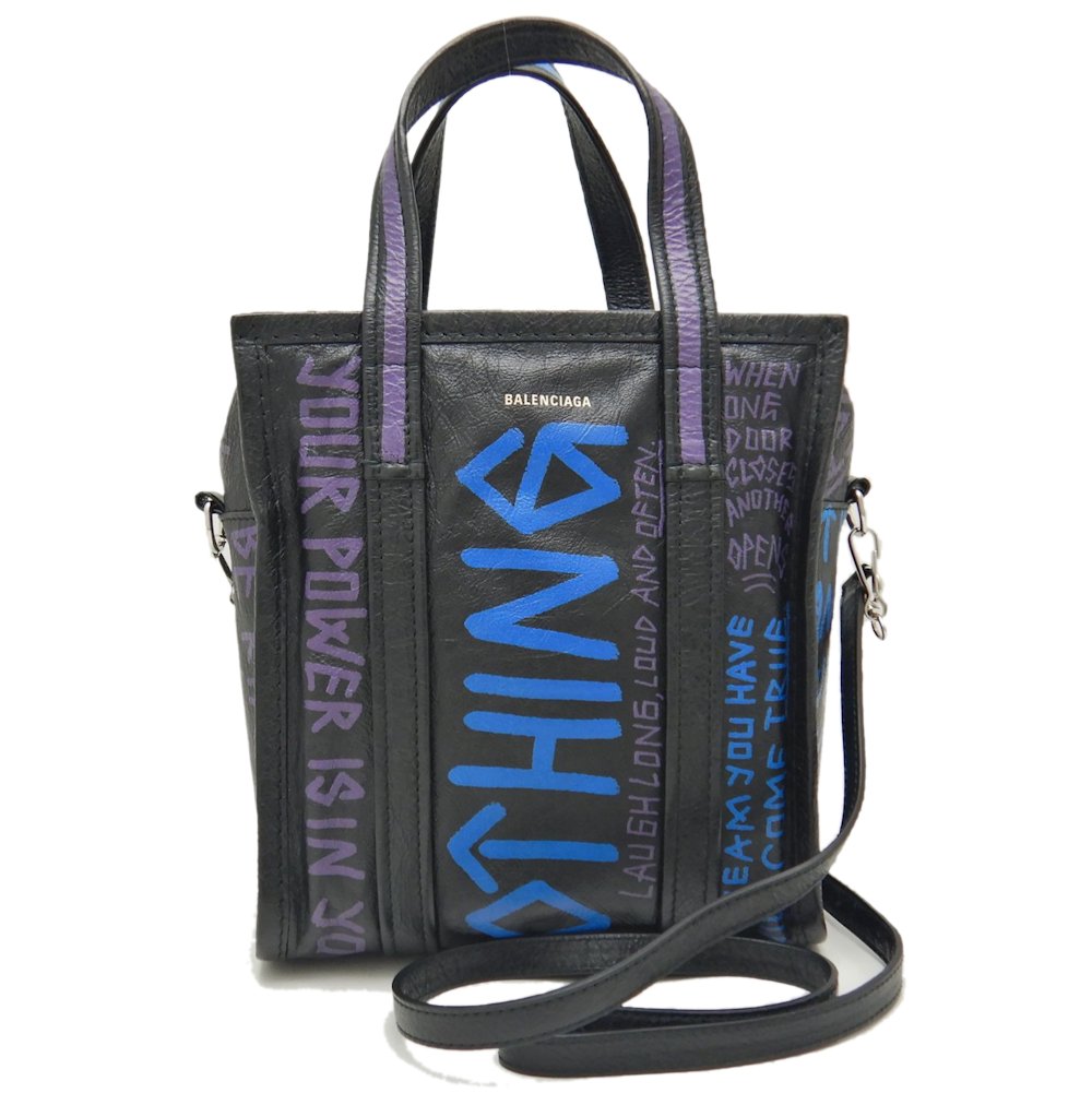 バザールショッパーXS 513989 ハンドバッグ グラフィティ レザー ブラック ブルー/251539【中古】