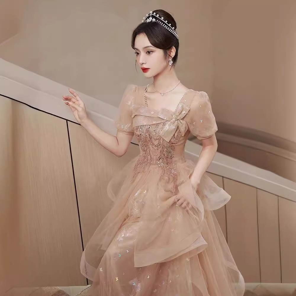 イブニングドレス女性用2024年宴会美術試験夏ホストガーゼスカートシャンパンカラー