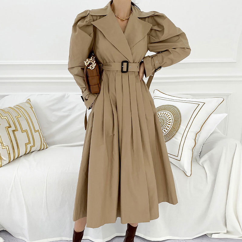 プリーツトレンチコート スタイリスト レディース プリーツ トレンチコート 春 秋 ロングコート アウター ジャケット コート パフスリーブ 韓国 ママコーデ お仕事コーデ A1904