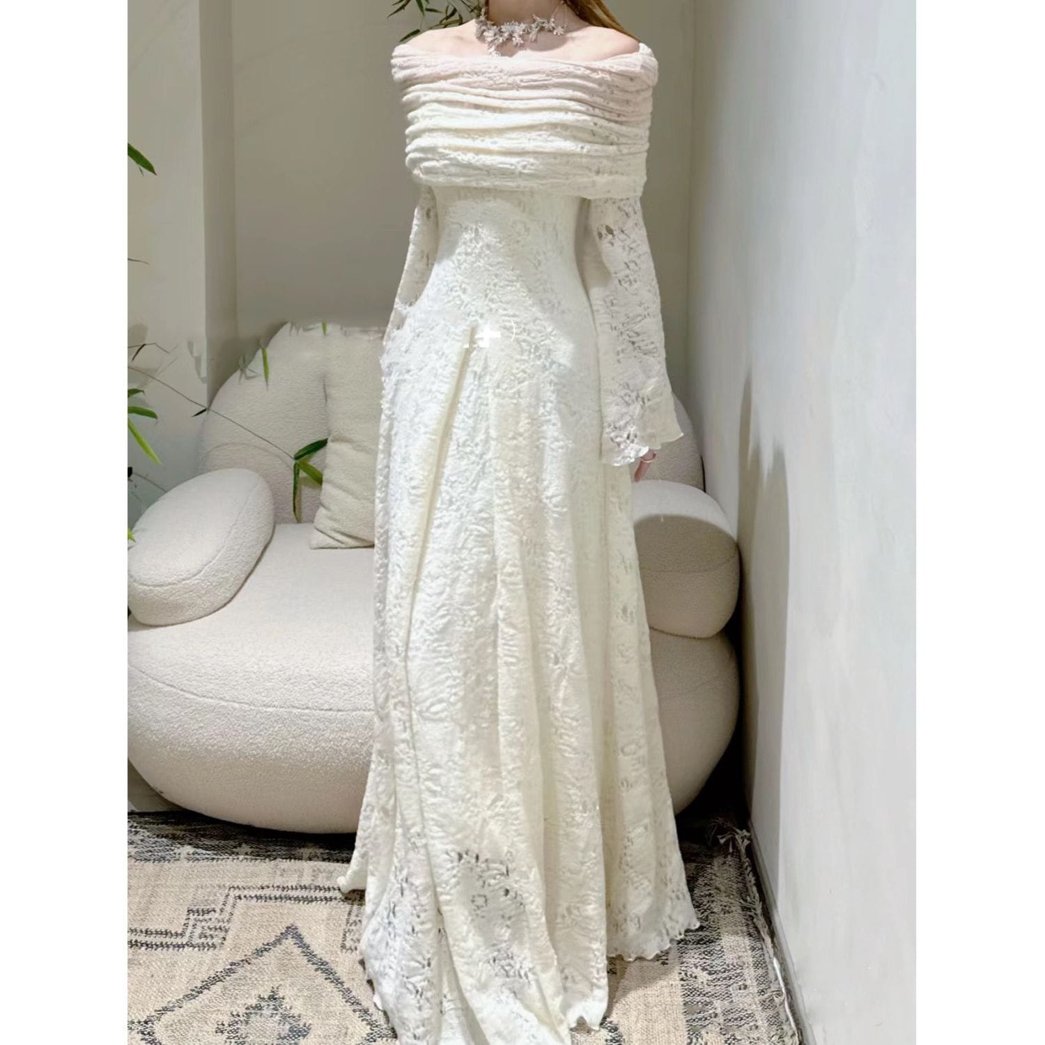 秋冬レトロトランペット袖一本襟ショール妖精わびさび風白ワンピースレディースニットジャガードフィッシュテールスカート