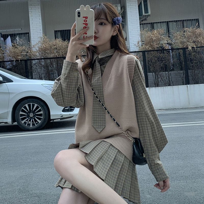 ニット ベスト チェック シャツ+ワンピース 2点セット レディー プリーツスカート セット