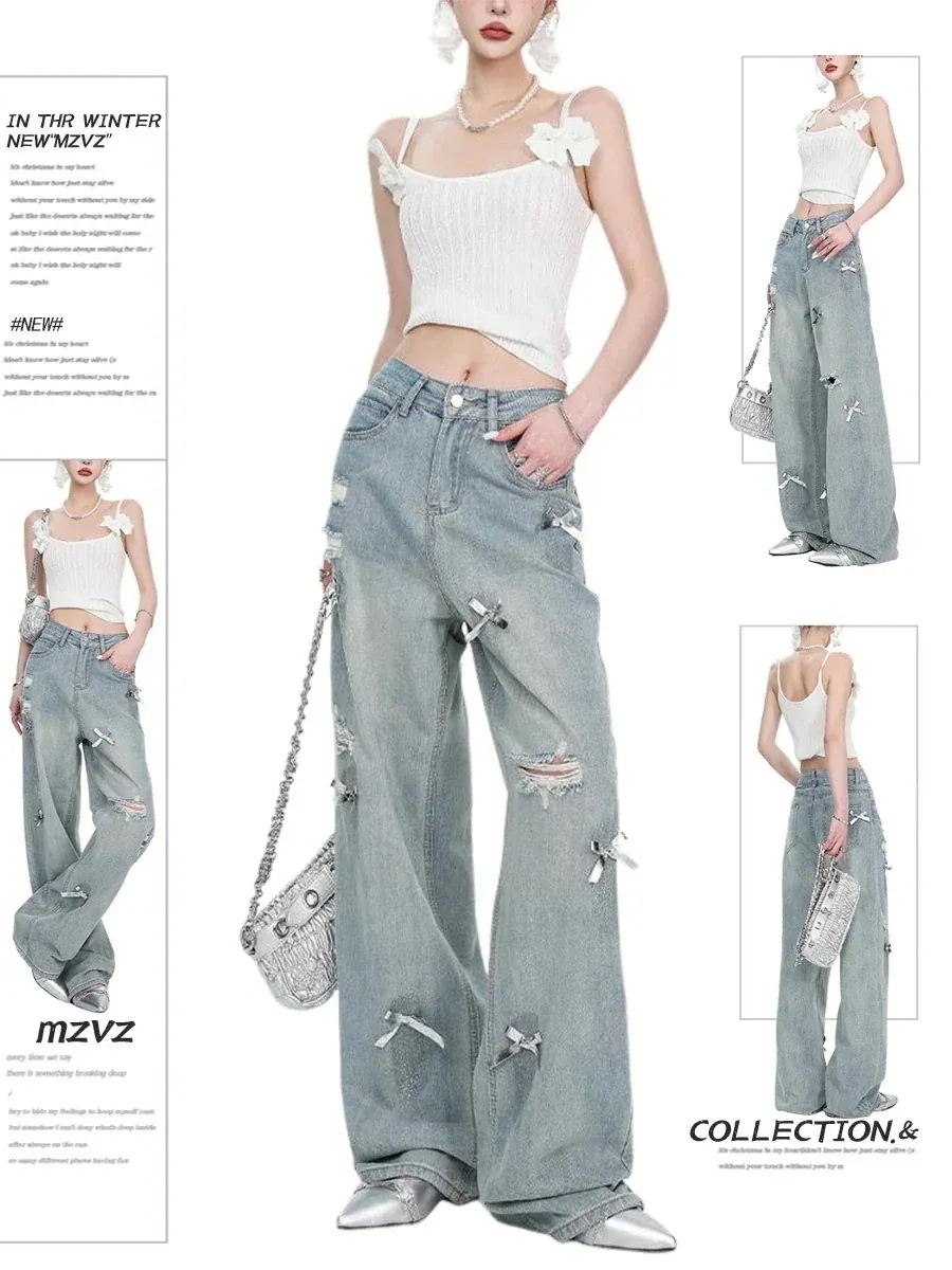 26 韓国トレンドデニムパンツ ボトムス ジーンズ デザインファッション系スタイル ゆるダボ ジーンズ シルエットゆったり レディース カジュアルコーデ メンズライク274
