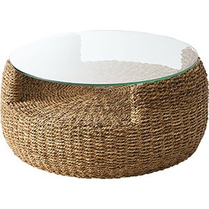 アバカ ラウンド テーブル 約 幅80×奥行80×高さ35cm 円形 ガラス天板 アジアンテイスト ソファテーブル インテリア家具