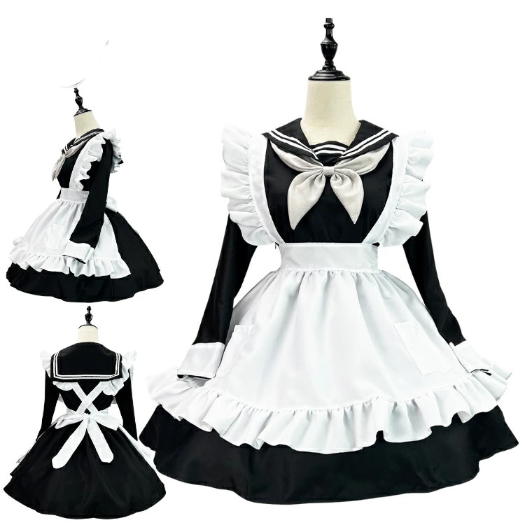 【4点セット】メイド服 セーラー服 長袖 ワンピース 黒 白 大きいサイズ ハロウィン衣装 裾フリル イベント Lolita 洋装 ガーリー 喫茶店 レディース 蝶タイ コスチューム 個性的 萌え