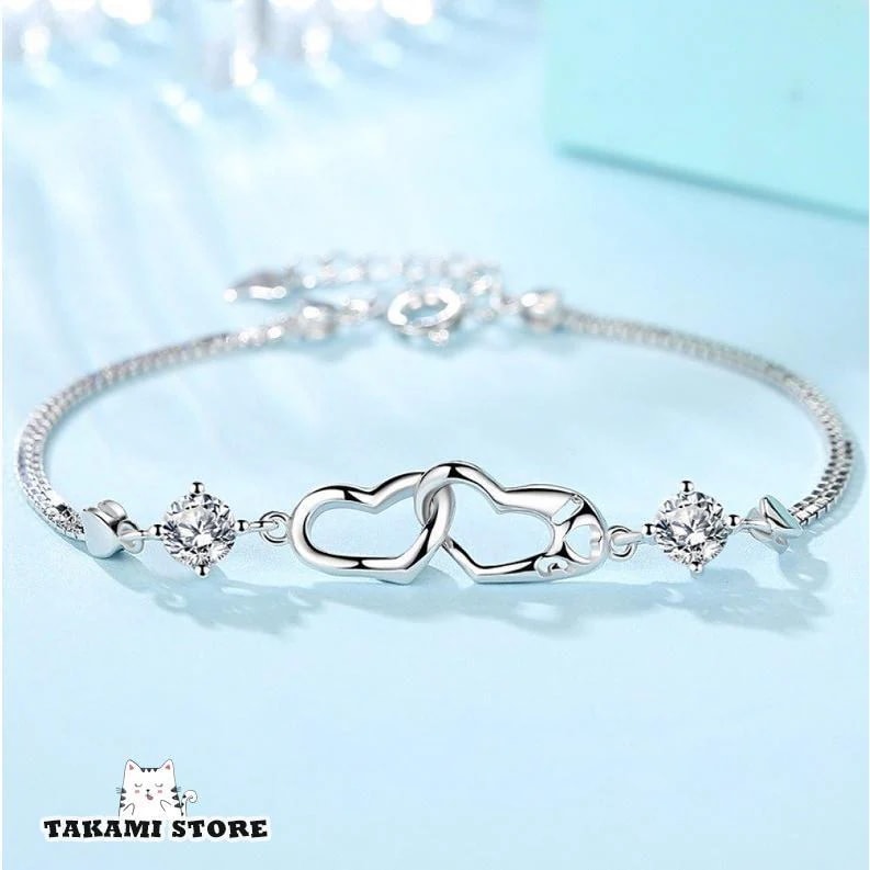 ブレスレット レディース ハート ダイヤ 2粒 ハートモチーフ プラチナ仕上げ シルバー925 プレゼント 彼女 妻 女性