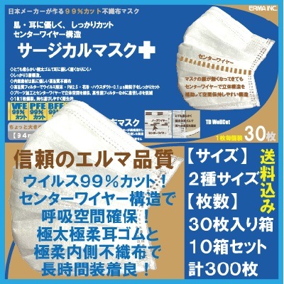 医療機器メーカーが作るVFE９９％以上のサージカルマスク３０枚入り箱１０箱セット