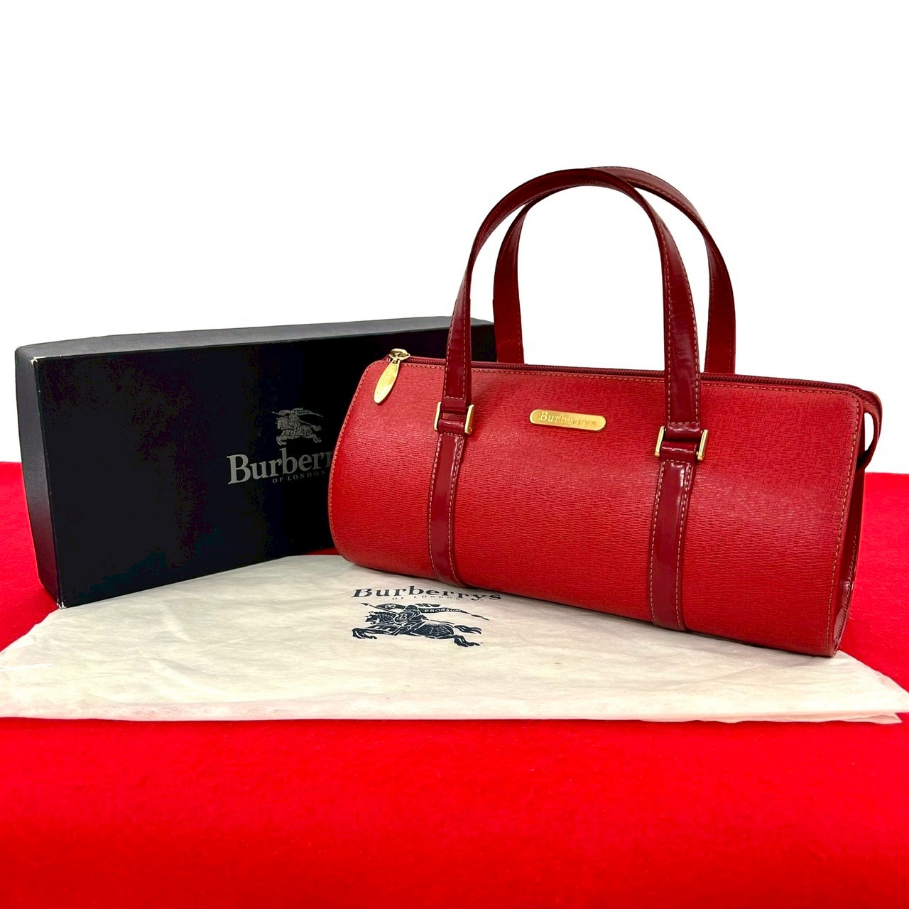 ヴィンテージ ノバチェック 柄 ロゴ プレートハンドバッグ レザー レッド 64566