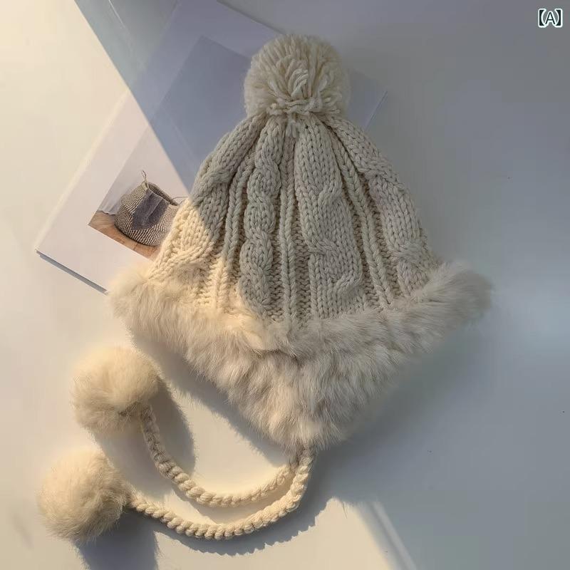 ニット帽 耳あて付きレディース 韓国 ファッション ファー ボンボン 秋冬 ウール かわいい 小顔効果 防寒 アウトドア キャンプ 白 グレー 黒