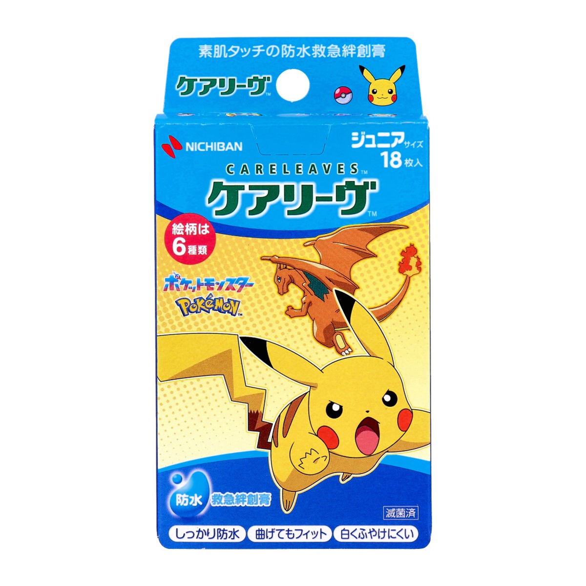 キャラクター救急絆創膏 ニチバン ケアリーヴ 防水タイプ ポケットモンスター cool 6デザイン ジュニアサイズ 滅菌済 18枚入り X10箱
