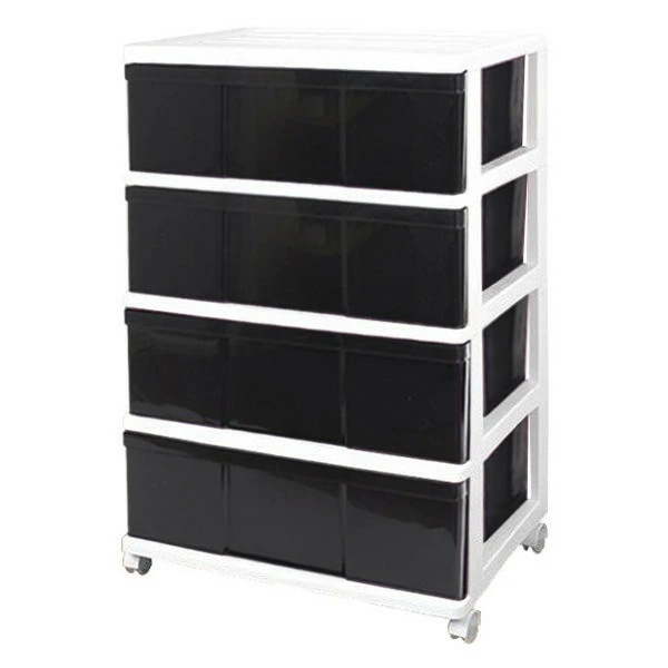 収納ケース プラスチック 引き出し ワイド ４段 幅６０ おしゃれ ホワイト／ブラック キャスター付
