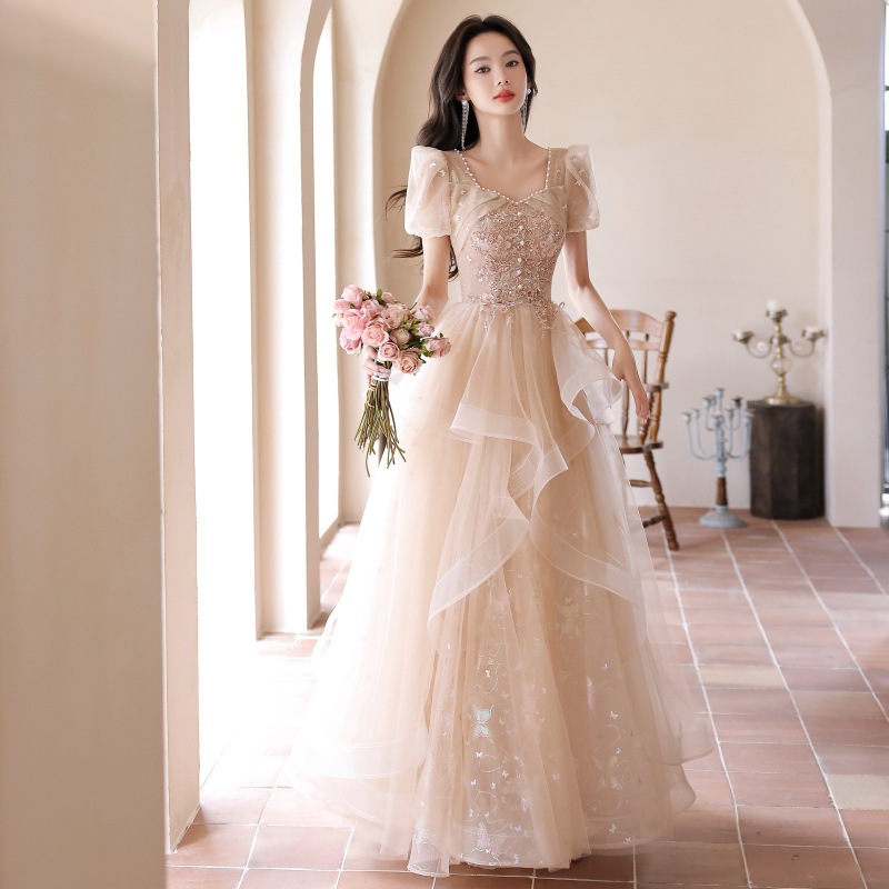 女性用イブニングドレス高級プリンセスドレスホストパフォーマンスドレス宴会用ガーゼ声楽テスト