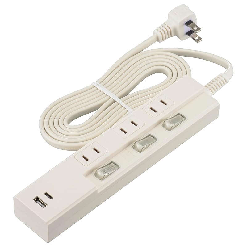 即納：オーム電機 電源タップ 3個口 個別スイッチ付き PD対応Type-C/Type-Aポート付き 2m ホワイト HS-TPU32PD23-W 00-1011 OHM