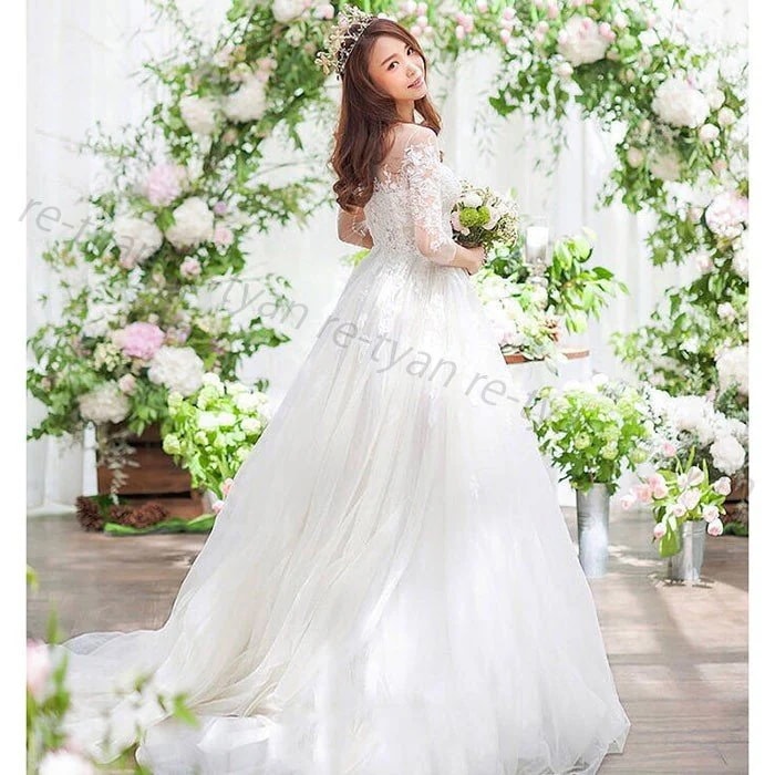 ウェディングドレスAライン 結婚式 二次会 花嫁 プリンセスドレス 白ドレス ロングドレス 披露宴 挙式 演奏会 新婦ドレス 袖ありトレーン パーティードレス40代