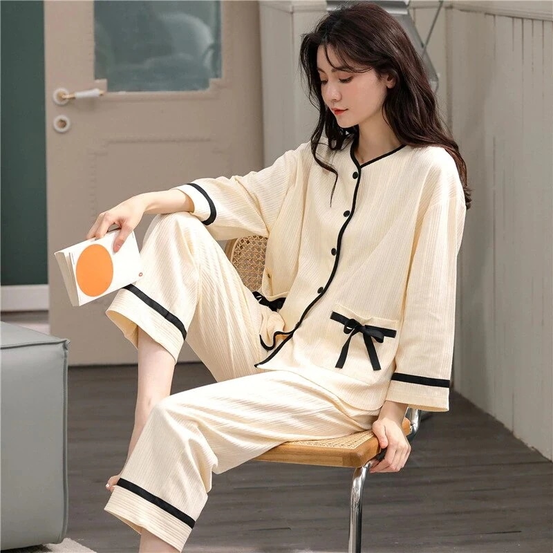 コットンパジャマレディース春長袖カーディガン綿100％外側に着用可能のホームサービスツーピース 4,777円