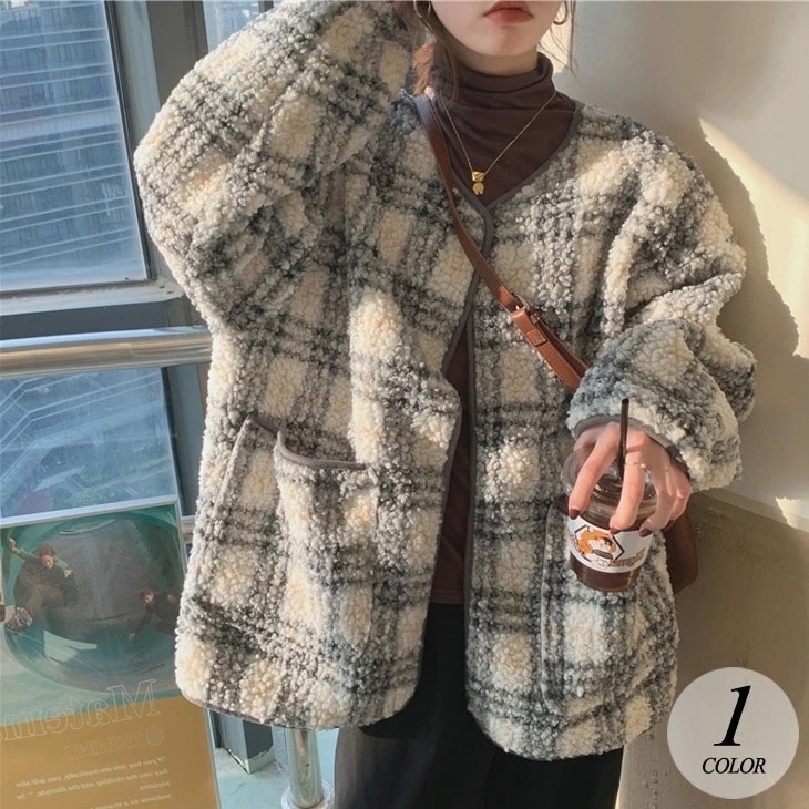 ジャケット ボア チェック ノーカラー オーバーサイズ チェック柄 ボアジャケット ブルゾン フリース 長袖 アウター 羽織り ゆったり カジュアル 秋冬 あったか 防寒 おしゃれ レディース 韓国