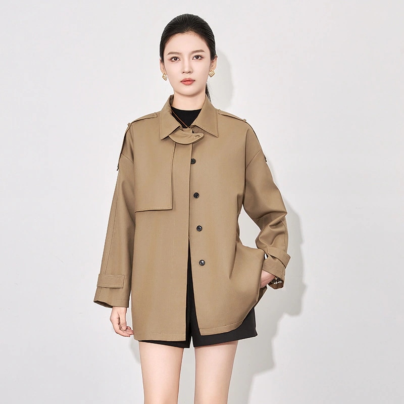 ウインドブレーカーレディースショートウインドブレーカーコートカーキの気質幅広淑女西洋風高貴なコート
