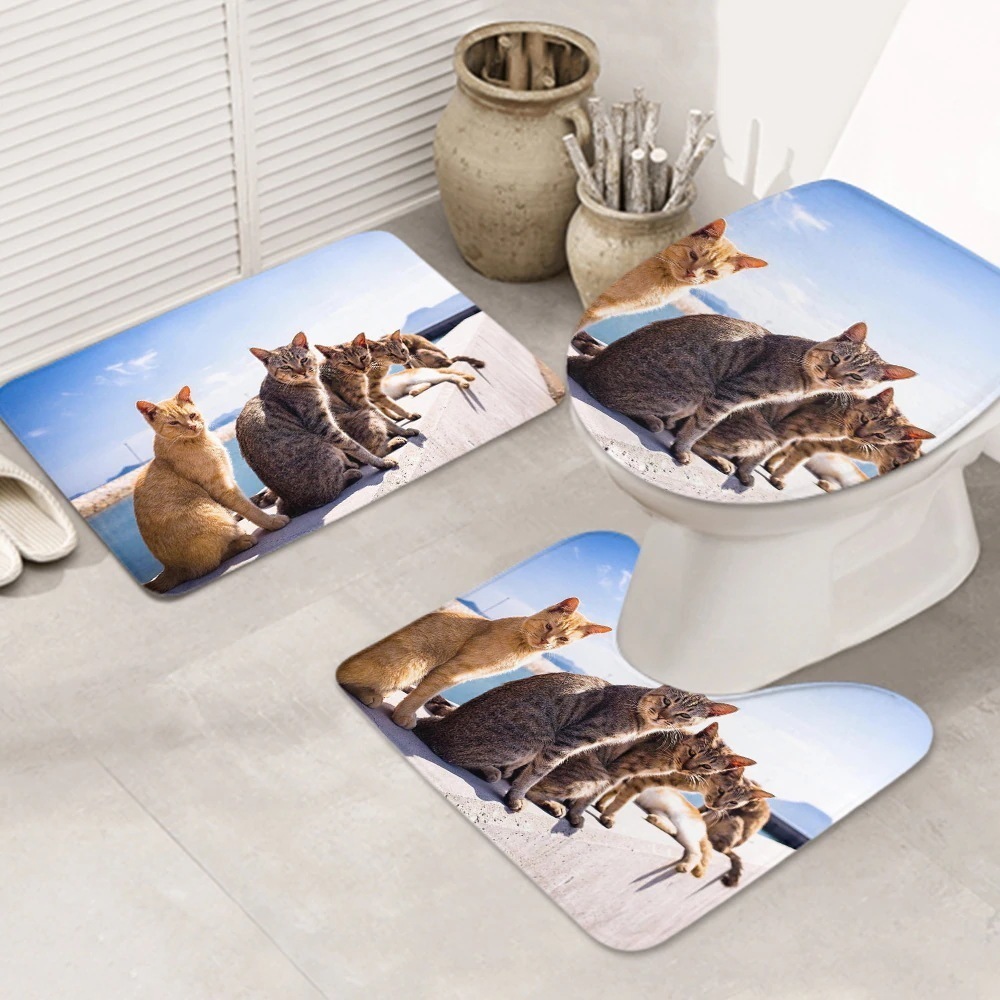 3ピースバスラグセット かわいい-座っている-cat お手入れが簡単 ノンスリップ 耐久性