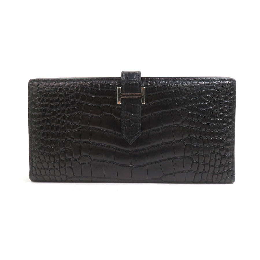 エルメス HERMES 二つ折り長財布 ベアンスフレ アリゲーター ブラック シルバー ユニセックス 90164a