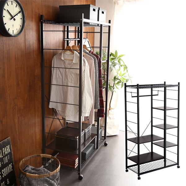 ハンガーラック ブラック 黒 スチール製 収納ラック かっこいい おしゃれ メンズ 男前 スタイリッシュ メッシュ棚 ハンガーポール キャスター付き リビング